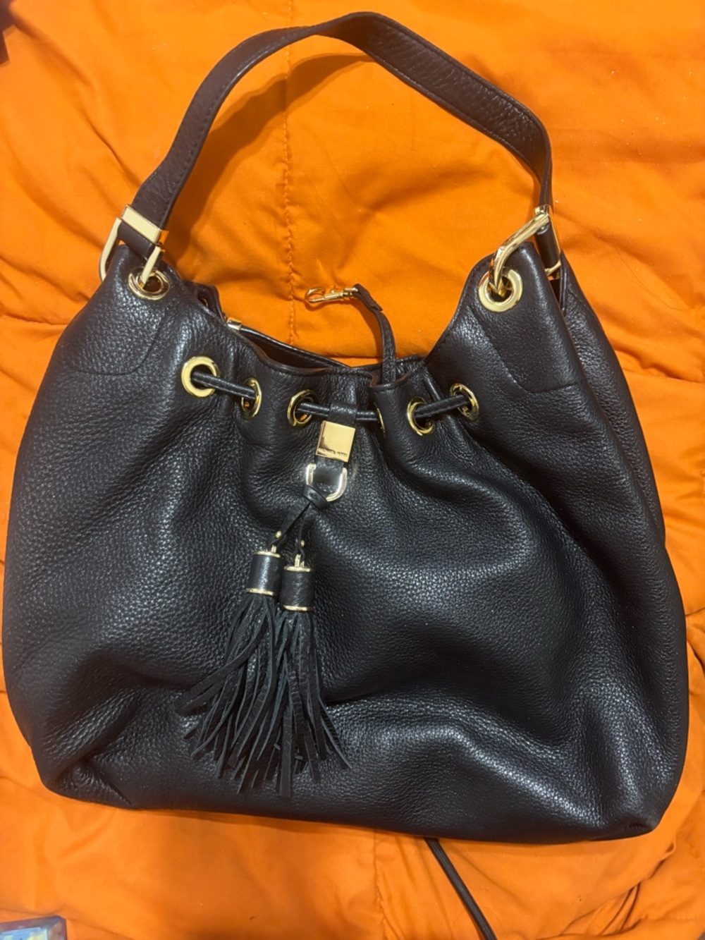 Michael Kors Camden Black Pebbled Leather Drawstring Tassel Hobo